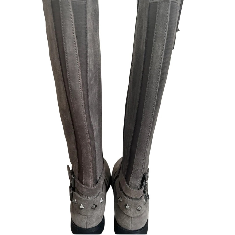 Marc Fisher Womens Gray Suede Knee High Boots Buckle Studded Side Zip Flat Heel - Picture 4 of 11